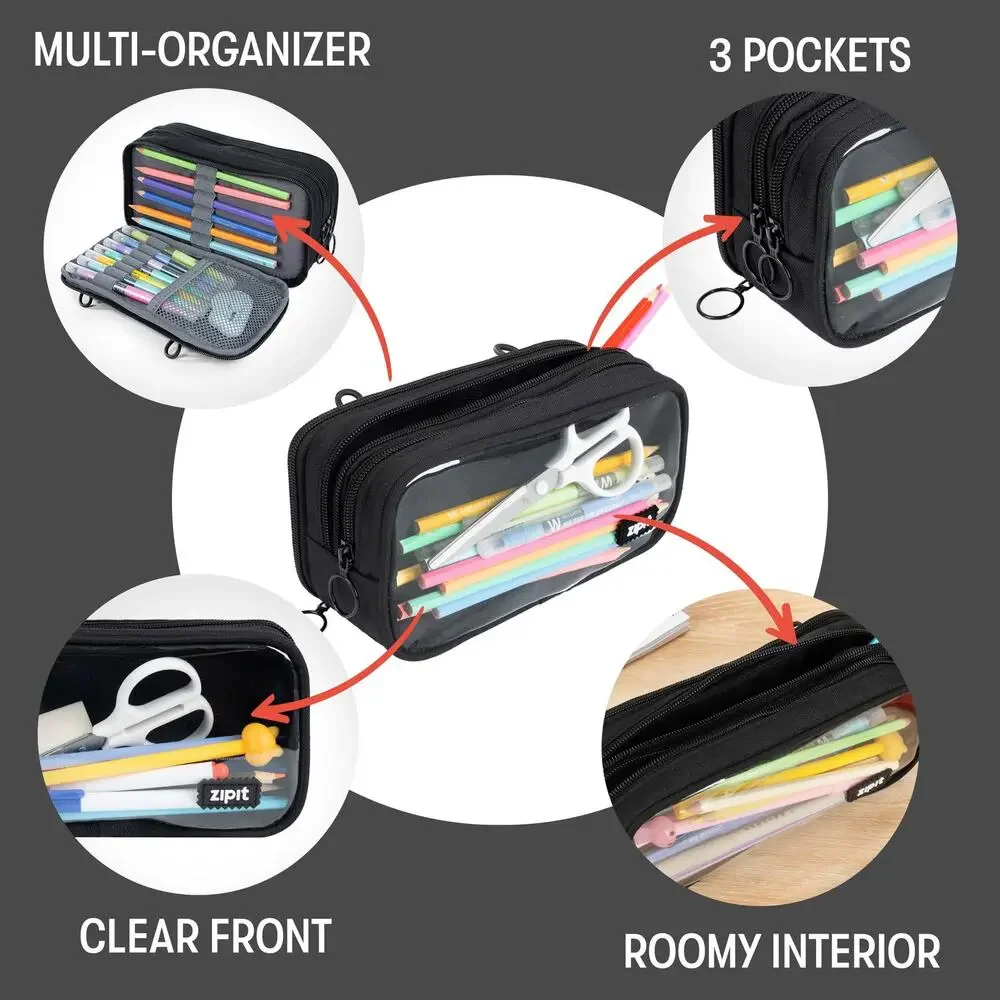 NWT ZIPIT Half & Half Pencil Case, 3-Compartment Zipper Pouch Black